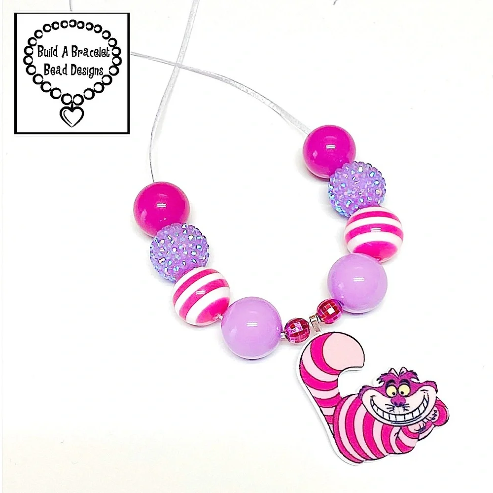 Handmade Cheshire Cat Inspired Necklace Alice Wonderland Bubblegum Bead Jewelry